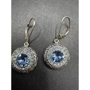 VTG ED China Signed Blue Topaz Sterling Silver 925 Crop Dangle Pierced Earrings